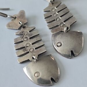 Mexico Sterling Silver Articulated Fish Skeleton Dangle Earrings